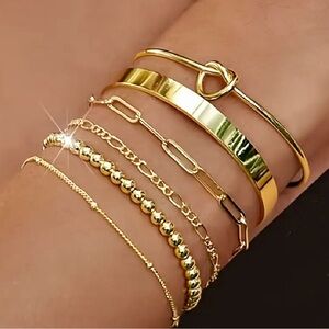 6pcs Golden Bracelets/Bracelet Stack Bangle Cuff, Beaded, and Paperclip